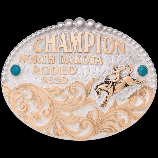 Our Jamestown Custom Belt Buckle is a simple and elegant silver buckle with 2 big simulated turquoise stones or zirconias of your choice. Customize your buckle design now!